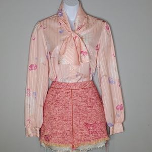 Handmade Vintage PussyCat Bow Peach Floral LS Blouse,  Sz M/L, Show Stopper!!!